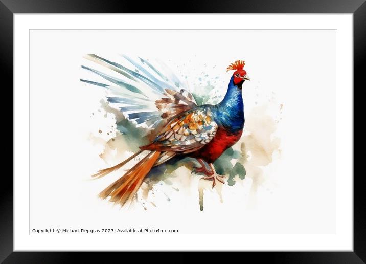 Watercolor painted hunting pheasant on a white background. Framed Mounted Print by Michael Piepgras