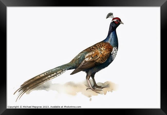 Watercolor painted hunting pheasant on a white background. Framed Print by Michael Piepgras