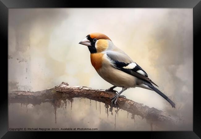 Watercolor painted hawfinch on a white background. Framed Print by Michael Piepgras