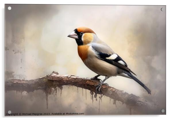 Watercolor painted hawfinch on a white background. Acrylic by Michael Piepgras