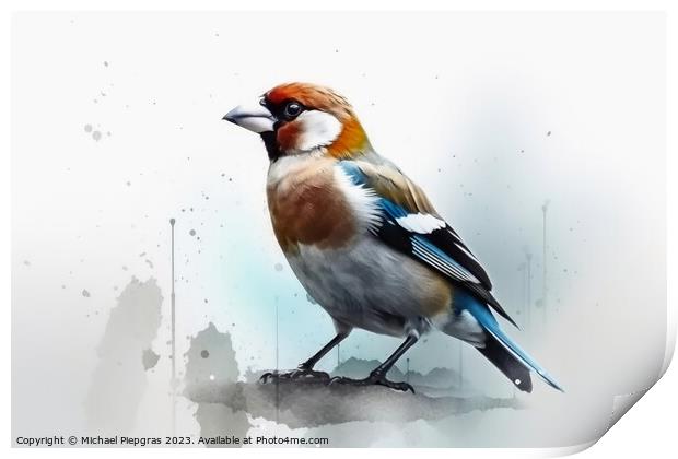 Watercolor painted hawfinch on a white background. Print by Michael Piepgras