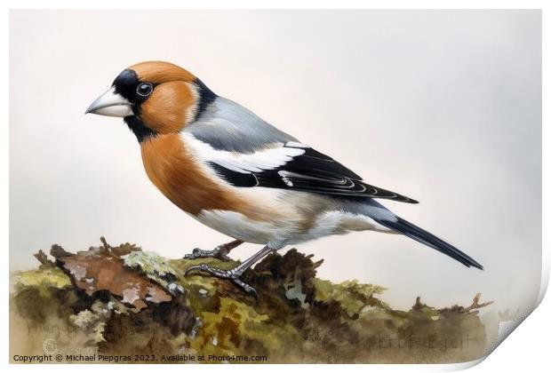 Watercolor painted hawfinch on a white background. Print by Michael Piepgras