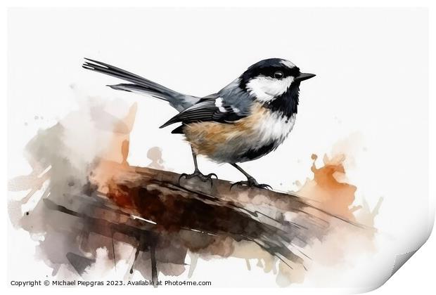 Watercolor painted coal tit bird on a white background. Print by Michael Piepgras