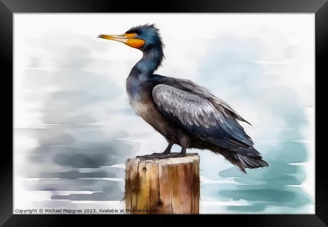 Watercolor painted cormorant on a white background. Framed Print by Michael Piepgras