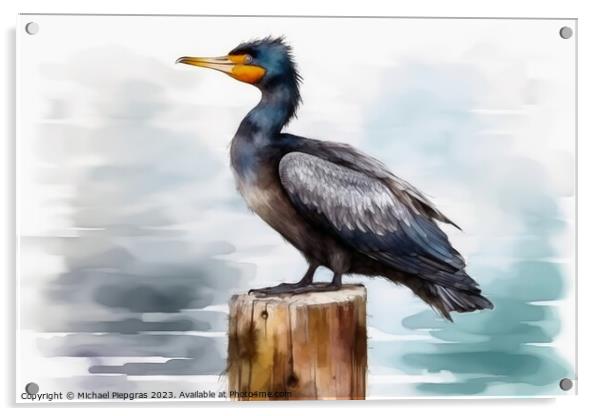 Watercolor painted cormorant on a white background. Acrylic by Michael Piepgras