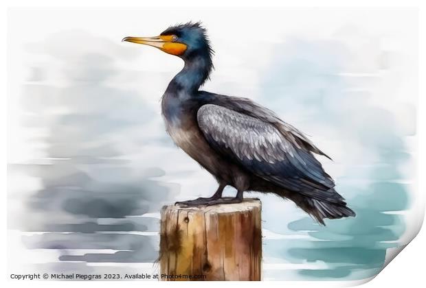 Watercolor painted cormorant on a white background. Print by Michael Piepgras