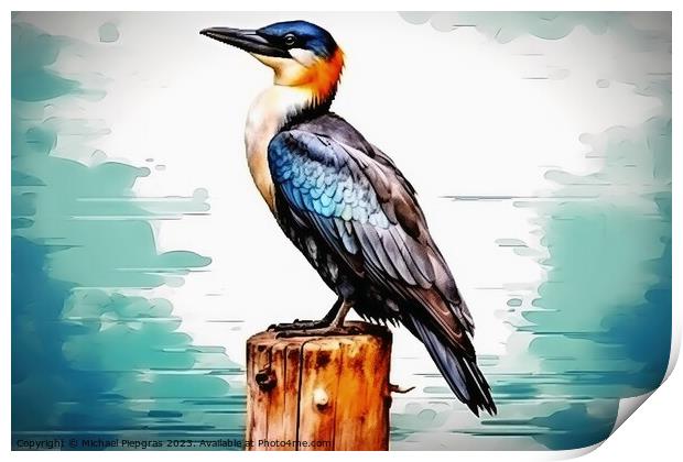 Watercolor painted cormorant on a white background. Print by Michael Piepgras