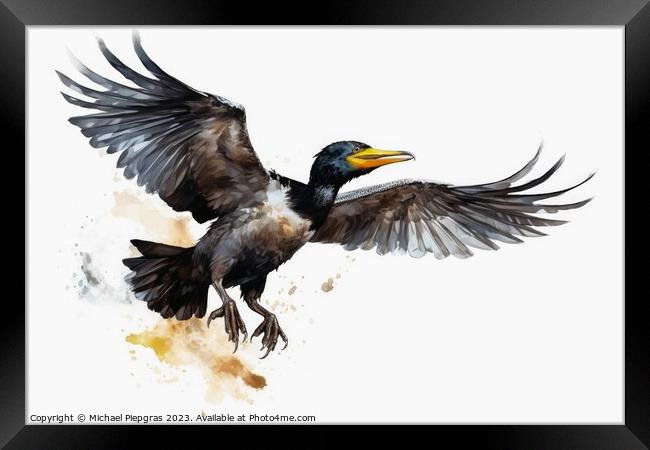 Watercolor painted cormorant on a white background. Framed Print by Michael Piepgras