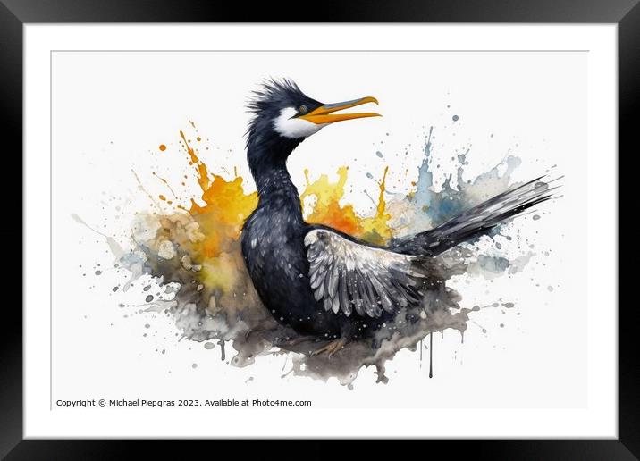 Watercolor painted cormorant on a white background. Framed Mounted Print by Michael Piepgras