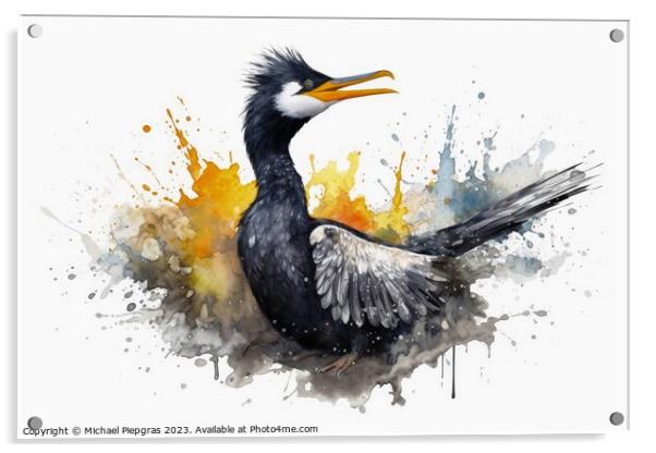 Watercolor painted cormorant on a white background. Acrylic by Michael Piepgras