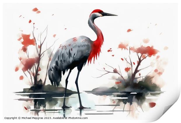 Watercolor painted crane bird on a white background. Print by Michael Piepgras