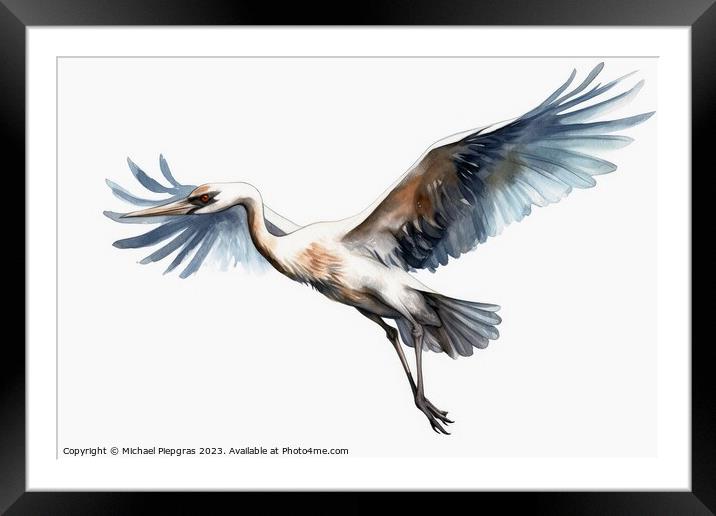 Watercolor painted crane bird on a white background. Framed Mounted Print by Michael Piepgras