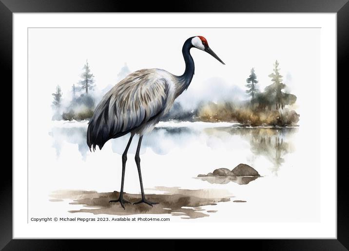 Watercolor painted crane bird on a white background. Framed Mounted Print by Michael Piepgras