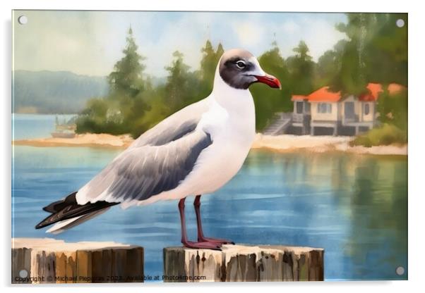 Watercolor painted laughing gull on a white background. Acrylic by Michael Piepgras