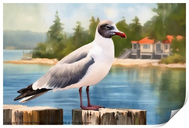 Watercolor painted laughing gull on a white background. Print by Michael Piepgras