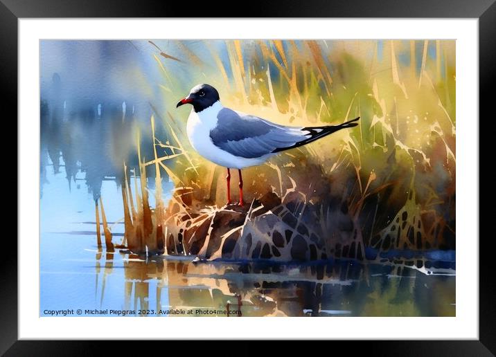 Watercolor painted laughing gull on a white background. Framed Mounted Print by Michael Piepgras