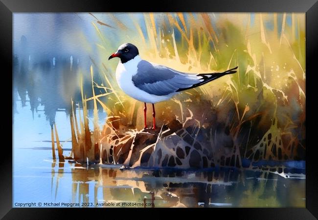 Watercolor painted laughing gull on a white background. Framed Print by Michael Piepgras