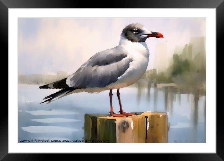 Watercolor painted laughing gull on a white background. Framed Mounted Print by Michael Piepgras