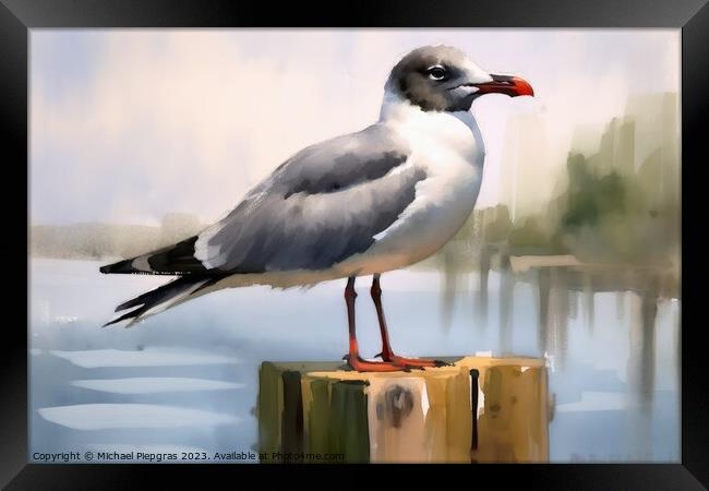 Watercolor painted laughing gull on a white background. Framed Print by Michael Piepgras
