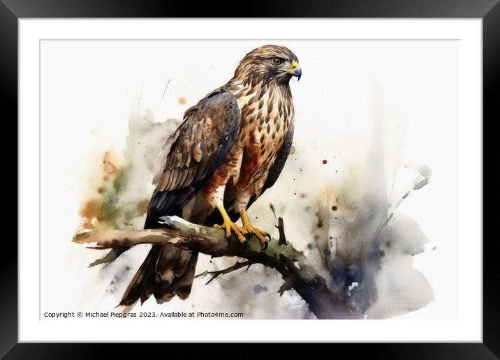Watercolor painted merlin hawk on a white background. Framed Mounted Print by Michael Piepgras