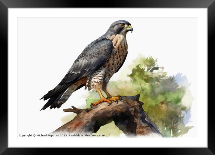 Watercolor painted merlin hawk on a white background. Framed Mounted Print by Michael Piepgras