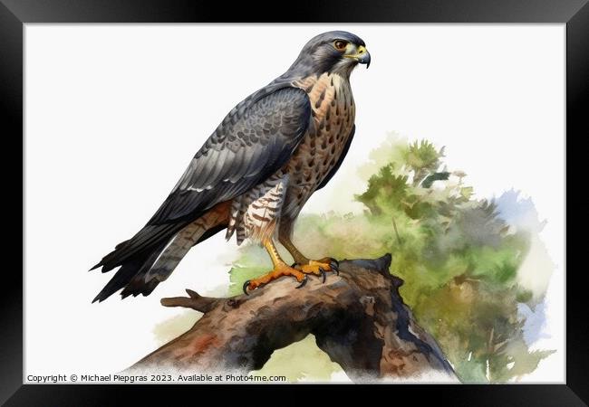 Watercolor painted merlin hawk on a white background. Framed Print by Michael Piepgras