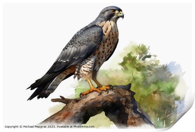 Watercolor painted merlin hawk on a white background. Print by Michael Piepgras