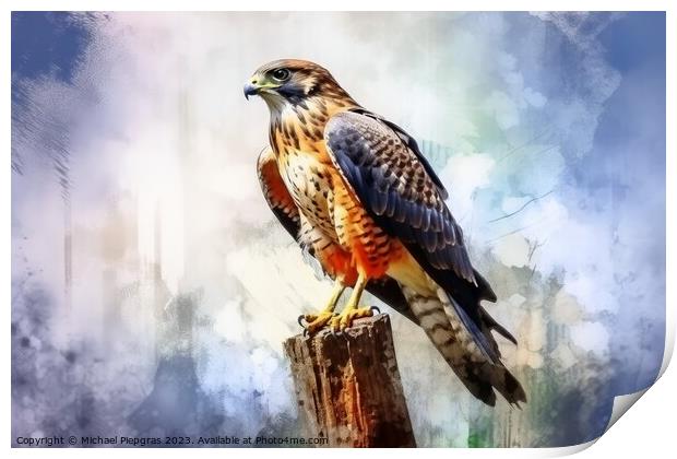 Watercolor painted merlin hawk on a white background. Print by Michael Piepgras