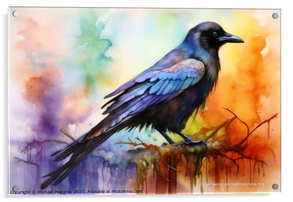 Watercolor painted raven crow on a white background. Acrylic by Michael Piepgras