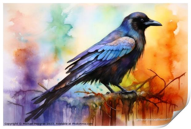 Watercolor painted raven crow on a white background. Print by Michael Piepgras