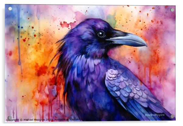 Watercolor painted raven crow on a white background. Acrylic by Michael Piepgras