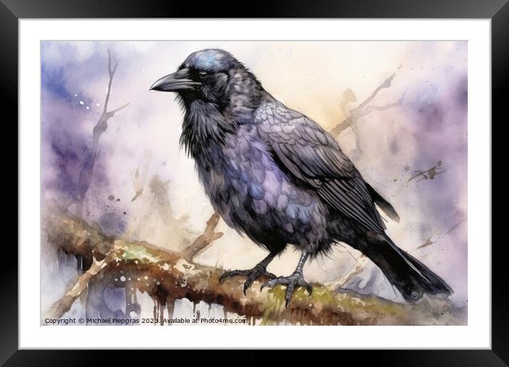 Watercolor painted raven crow on a white background. Framed Mounted Print by Michael Piepgras