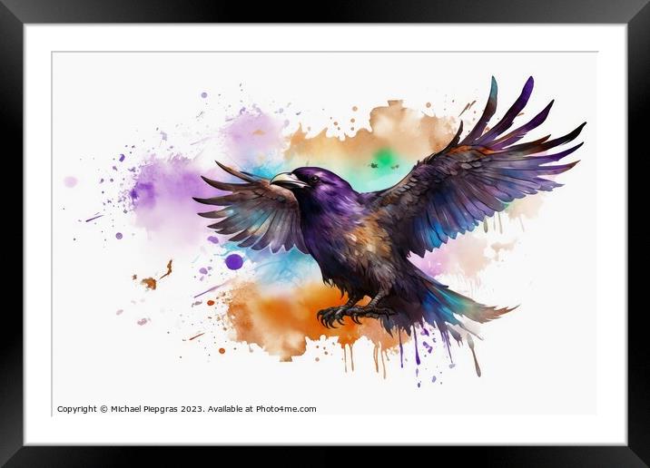 Watercolor painted raven crow on a white background. Framed Mounted Print by Michael Piepgras