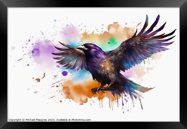 Watercolor painted raven crow on a white background. Framed Print by Michael Piepgras