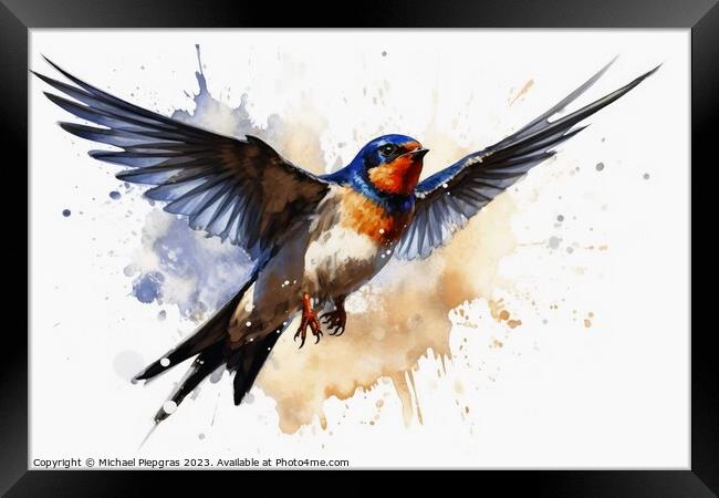 Watercolor painted swallow bird on a white background. Framed Print by Michael Piepgras