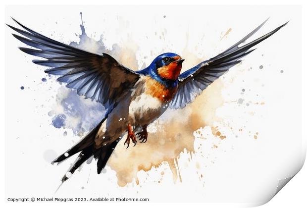 Watercolor painted swallow bird on a white background. Print by Michael Piepgras