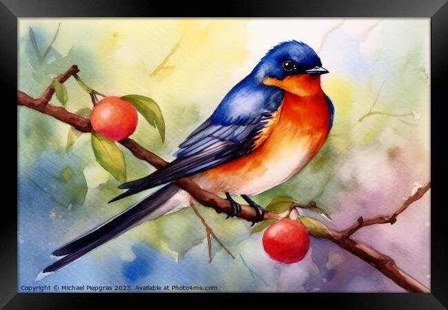 Watercolor painted swallow bird on a white background. Framed Print by Michael Piepgras
