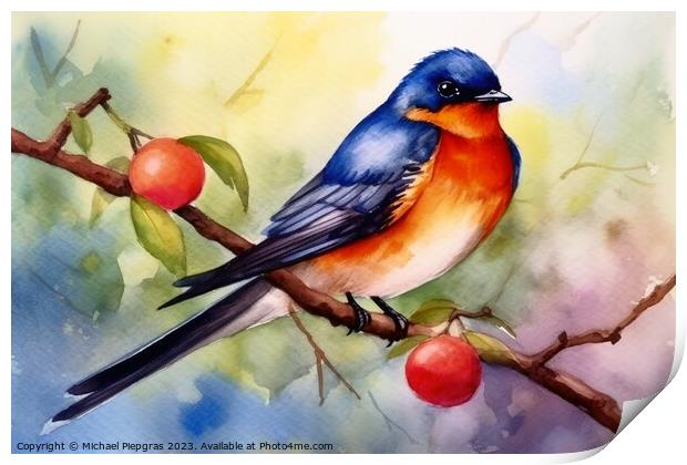 Watercolor painted swallow bird on a white background. Print by Michael Piepgras