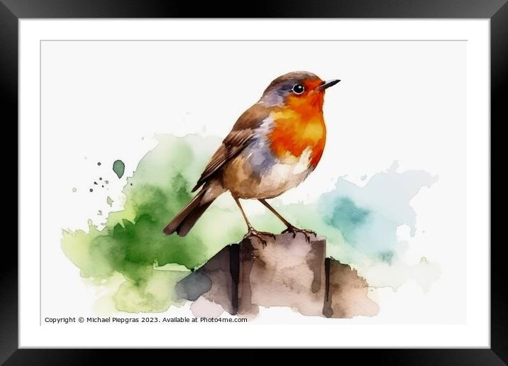 Watercolor painted robin bird on a white background. Framed Mounted Print by Michael Piepgras