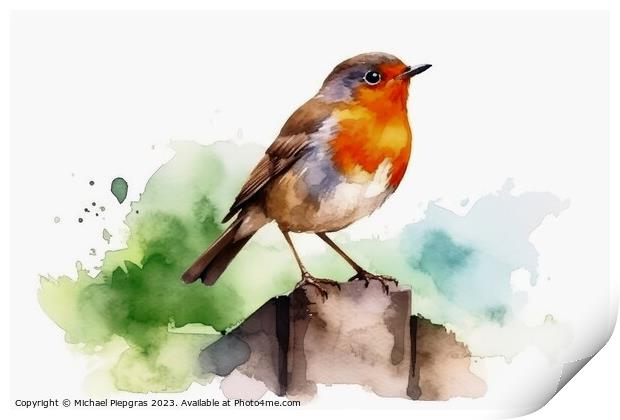 Watercolor painted robin bird on a white background. Print by Michael Piepgras