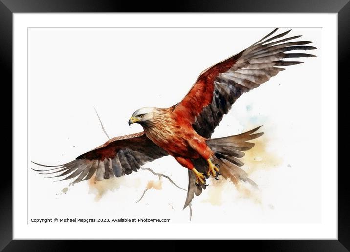 Watercolor painted red kite bird on a white background. Framed Mounted Print by Michael Piepgras
