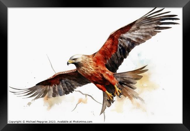 Watercolor painted red kite bird on a white background. Framed Print by Michael Piepgras