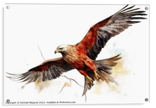 Watercolor painted red kite bird on a white background. Acrylic by Michael Piepgras