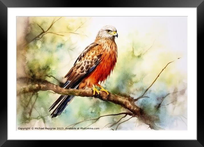 Watercolor painted red kite bird on a white background. Framed Mounted Print by Michael Piepgras