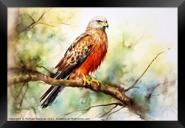 Watercolor painted red kite bird on a white background. Framed Print by Michael Piepgras