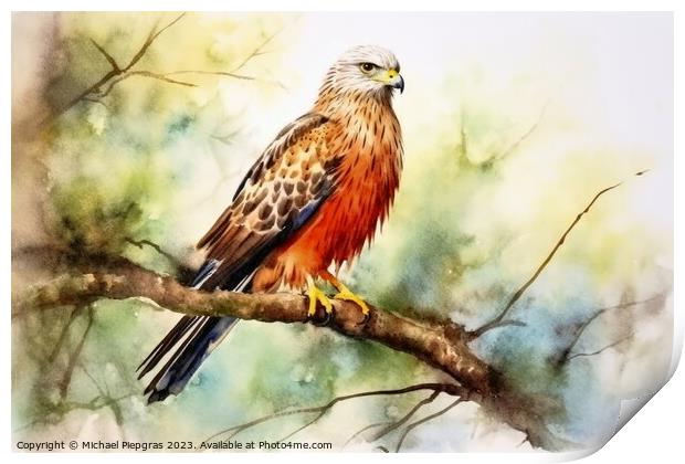 Watercolor painted red kite bird on a white background. Print by Michael Piepgras