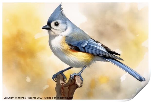 Watercolor painted titmouse bird on a white background. Print by Michael Piepgras