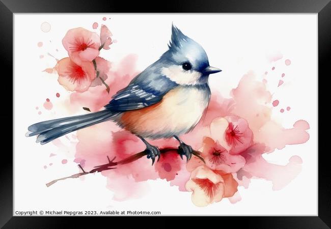 Watercolor painted titmouse bird on a white background. Framed Print by Michael Piepgras