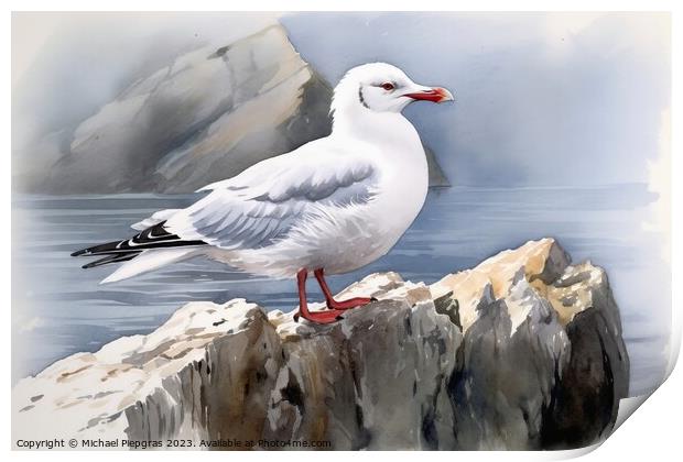 Watercolor painted silver gull on a white background. Print by Michael Piepgras
