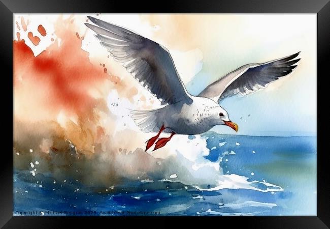 Watercolor painted silver gull on a white background. Framed Print by Michael Piepgras